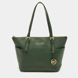 مملوكة مسبقًا MICHAEL Michael Kors Green Leather Jet Set Top Zip Tote