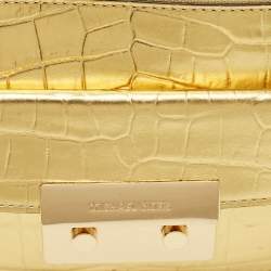 Pre Owned MICHAEL Michael Kors Flat Sloan Gold Croc Embossed Leather Shoulder Bag