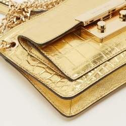Pre Owned MICHAEL Michael Kors Flat Sloan Gold Croc Embossed Leather Shoulder Bag
