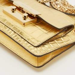 Pre Owned MICHAEL Michael Kors Flat Sloan Gold Croc Embossed Leather Shoulder Bag