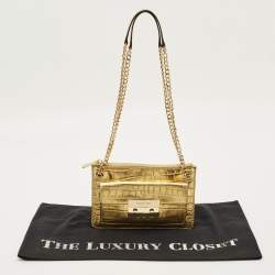 Pre Owned MICHAEL Michael Kors Flat Sloan Gold Croc Embossed Leather Shoulder Bag