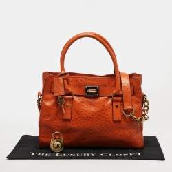 Pre Owned MICHAEL Michael Kors Hamilton Medium Orange Ostrich Embossed Leather Tote