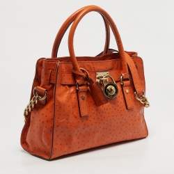 Pre Owned MICHAEL Michael Kors Hamilton Medium Orange Ostrich Embossed Leather Tote