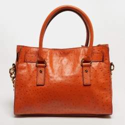 Pre Owned MICHAEL Michael Kors Hamilton Medium Orange Ostrich Embossed Leather Tote