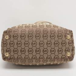 Pre Owned MICHAEL Michael Kors Gansevoort Beige/Gold Signature Canvas and Leather Tote