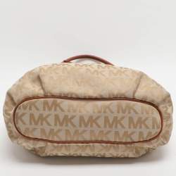 مملوكة مسبقًا حقيبة يد مايكل مايكل كورس شراشيب حلقة جلد وكانفاس شهيرة بنية/ بيج