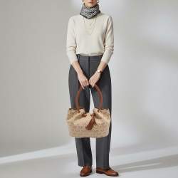 مملوكة مسبقًا حقيبة يد مايكل مايكل كورس شراشيب حلقة جلد وكانفاس شهيرة بنية/ بيج