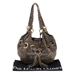 Pre Owned Michael Michael Kors Beige/Black Monochrome Python-Embossed Leather Tassel Hobo