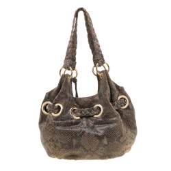 Pre Owned Michael Michael Kors Beige/Black Monochrome Python-Embossed Leather Tassel Hobo