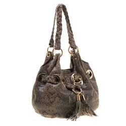 Pre Owned Michael Michael Kors Beige/Black Monochrome Python-Embossed Leather Tassel Hobo