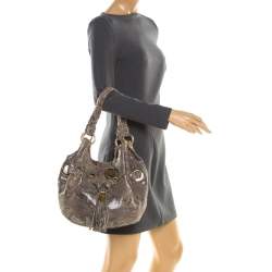 Pre Owned Michael Michael Kors Beige/Black Monochrome Python-Embossed Leather Tassel Hobo