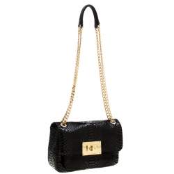 Pre Owned حقيبة كروس مايكل مايكل كورس قفل دوار جلد لامع نقش ثعبان سوداء