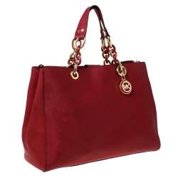 Pre Owned MICHAEL Michael Kors Red Leather Large Cynthia Tote
