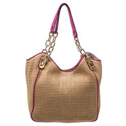 Pre Owned Michael Michael Kors Brown/Pink Woven Raffia and Leather Chain Tote