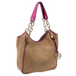 Pre Owned Michael Michael Kors Brown/Pink Woven Raffia and Leather Chain Tote