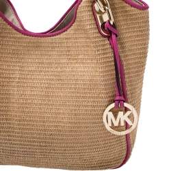 Pre Owned Michael Michael Kors Brown/Pink Woven Raffia and Leather Chain Tote