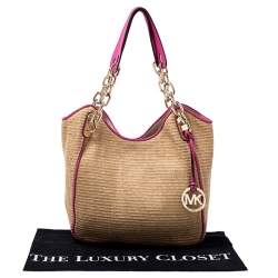 Pre Owned Michael Michael Kors Brown/Pink Woven Raffia and Leather Chain Tote