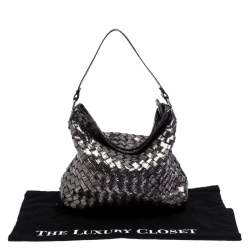 Pre Owned Michael Kors Metallic Grey Woven Leather Newbury Hobo