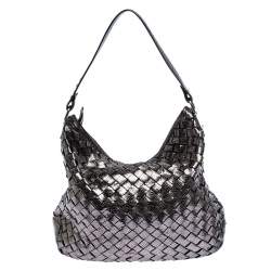 Pre Owned Michael Kors Metallic Grey Woven Leather Newbury Hobo
