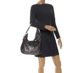 Pre Owned Michael Kors Metallic Grey Woven Leather Newbury Hobo