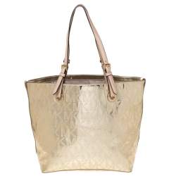 Pre Owned MICHAEL Michael Kors Gold Mirror Signature PVC and Leather Tote