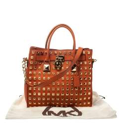 Pre Owned Michael Michael Kors Orange Leather Large Studded Hamilton Tote