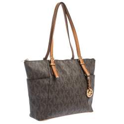 Pre Owned MICHAEL Michael Kors Dark Brown Signature Coated Canvas and Leather Jet Set Top Zip Tote