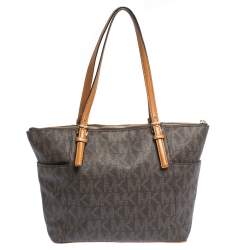 Pre Owned MICHAEL Michael Kors Dark Brown Signature Coated Canvas and Leather Jet Set Top Zip Tote