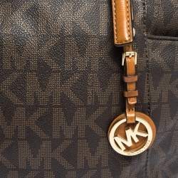 Pre Owned MICHAEL Michael Kors Dark Brown Signature Coated Canvas and Leather Jet Set Top Zip Tote