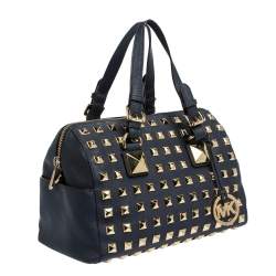 Pre Owned MICHAEL Michael Kors Navy Blue Leather Studded Grayson Satchel