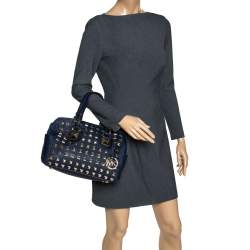 Pre Owned MICHAEL Michael Kors Navy Blue Leather Studded Grayson Satchel