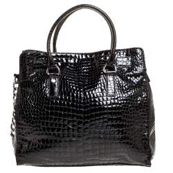 Pre Owned MICHAEL Michael Kors Black Croc Embossed Patent Leather Large Hamilton North South Tote