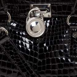 Pre Owned MICHAEL Michael Kors Black Croc Embossed Patent Leather Large Hamilton North South Tote