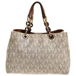 Pre Owned MICHAEL Michael Kors White/Brown Signature Coated Canvas Medium Cynthia Tote