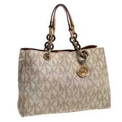 Pre Owned MICHAEL Michael Kors White/Brown Signature Coated Canvas Medium Cynthia Tote
