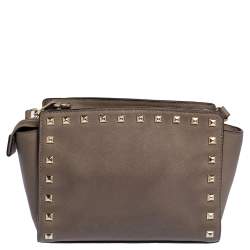 Pre Owned Michael Michael Kors Brown Studded Leather Selma Crossbody Bag