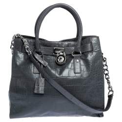 مملوكة مسبقًا Michael Michael Kors Grey Croc Embossed Leather Large Hamilton North South Tote