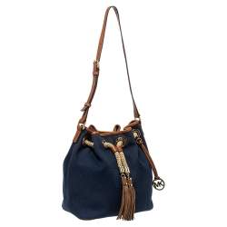 Pre Owned Michael Michael Kors Navy Blue/Brown Canvas and Leather Marina Drawstring Bucket Bag