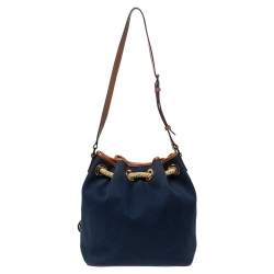 Pre Owned Michael Michael Kors Navy Blue/Brown Canvas and Leather Marina Drawstring Bucket Bag
