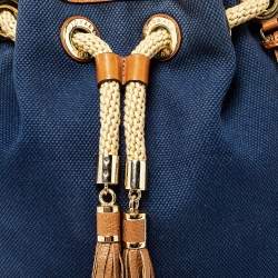 Pre Owned Michael Michael Kors Navy Blue/Brown Canvas and Leather Marina Drawstring Bucket Bag