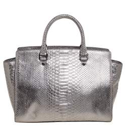 Pre Owned MICHAEL Michael Kors Metallic Silver Python Embossed Leather Large Selma Tote