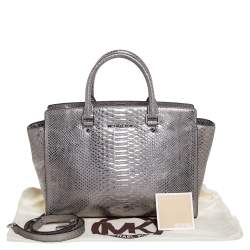 Pre Owned MICHAEL Michael Kors Metallic Silver Python Embossed Leather Large Selma Tote