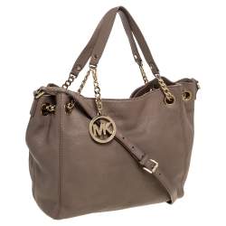 Pre Owned Michael Michael Kors Beige Leather Jet Set Chain Hobo