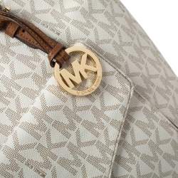 Pre Owned Michael Michael Kors White Signature Coated Canvas Jet Set Pocket Tote