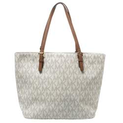 Pre Owned Michael Michael Kors White Signature Coated Canvas Jet Set Pocket Tote