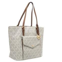 Pre Owned Michael Michael Kors White Signature Coated Canvas Jet Set Pocket Tote