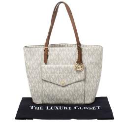 Pre Owned Michael Michael Kors White Signature Coated Canvas Jet Set Pocket Tote