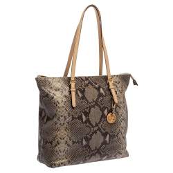 Pre Owned Michael Kors Beige/Black Snakeskin Effect Leather Jet Set Tote