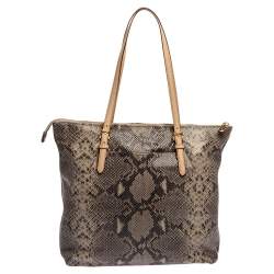 Pre Owned Michael Kors Beige/Black Snakeskin Effect Leather Jet Set Tote