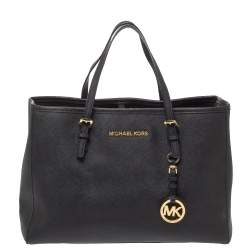 Pre Owned Michael Michael Kors Black Leather Jet Set Tote 